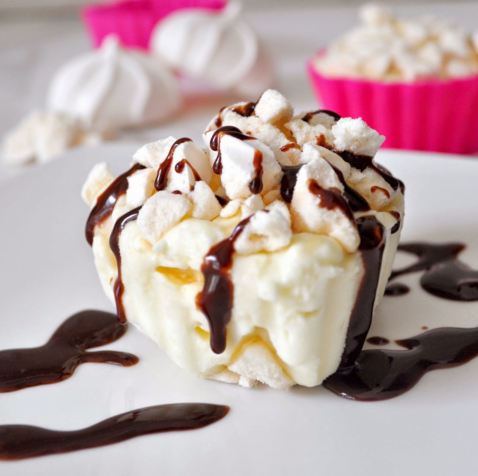 Cooking with Manuela Frozen Meringue Cups Drizzed with Hot Chocolate Sauce
