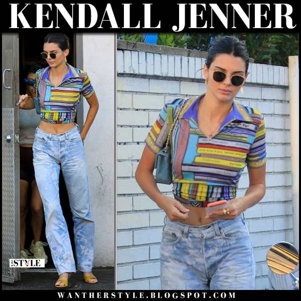 Kendall Jenner in book print top and jeans in LA on August 17 ~ I want her  style - What celebrities wore and where to buy it. Celebrity Style