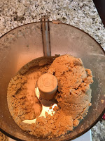 Almonds form dough. https://trimazing.com/ Photo of 4 cups of raw almonds forming a dough-like consistency in food processor bowl. https://trimazing.com/
