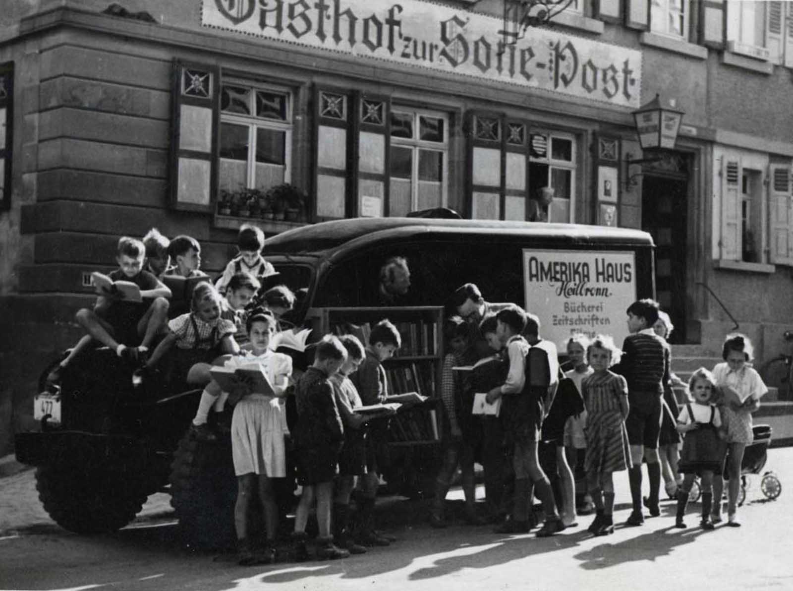 A bookmobile in Germany, late 1940s.
