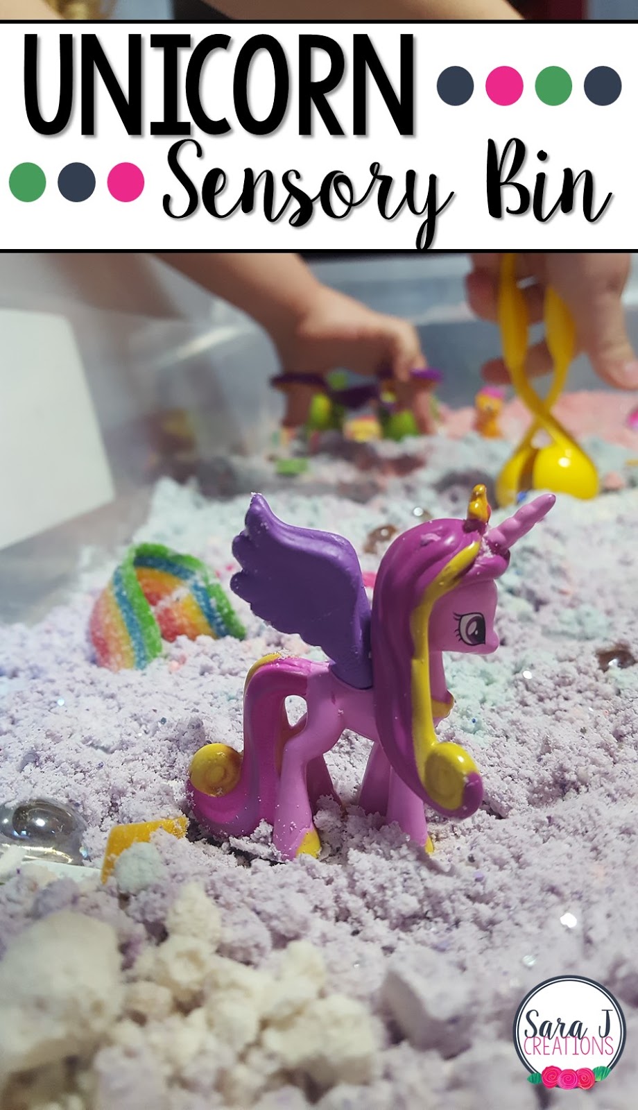Unicorn sensory bin with colored cloud dough. Perfect for fine motor and alphabet practice for toddlers and preschoolers.