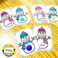 Snowman Math Stations, Winter Math Stations, Shapes, Planet Happy Smiles