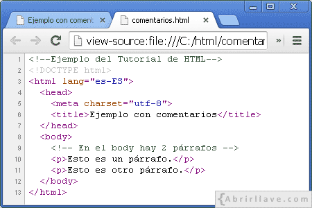 Código de un archivo HTML con comentarios.