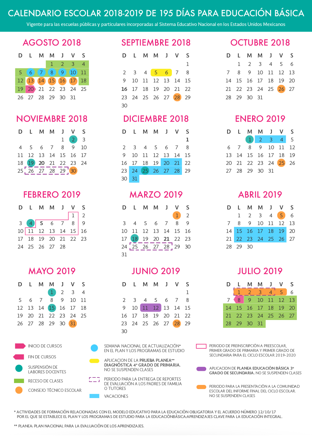 Calendarios Escolares 2018-2019 de 185, 195 y 200 días.