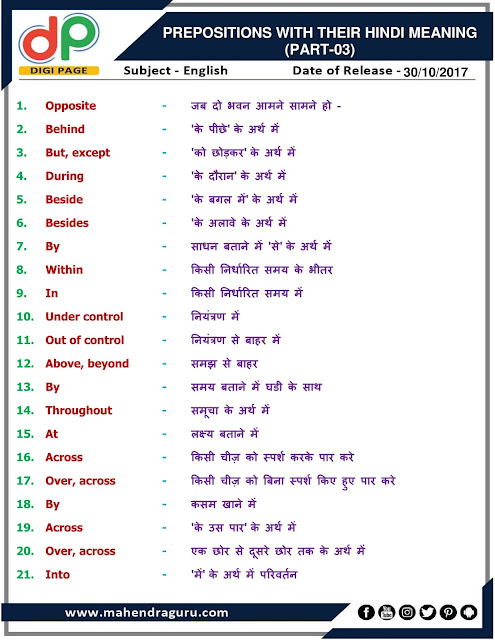 DP | Prepositions With Their Hindi Meaning For IBPS Clerk | 30 - 10 - 2017 DP | Prepositions With Their Hindi Meaning For IBPS Clerk | 30 - 10 - 2017