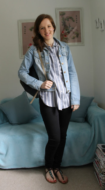 OOTD, outfit, outfit of the day, primark, stripey shirt, striped shirt, casual shirt, denim, denim jacket, black skinny jeans, black high waisted jeans, ASOS, accessorize, accessorize backpack, forever 21, forever 21 sandals