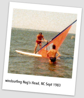 picture of Patrick on a wind surf board and Patti standing in water at Nag's Head, North Carolina 1983