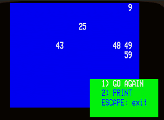 Lottery Number Generator with Teletext font. Reads, 9, 25, 43, 48, 49 and 59. A green window gives options to Go Again, Print or Exit.