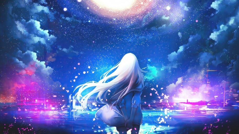 Anime, Girl, Night, Sky, Scenery, 4K, #4.2381 Wallpaper