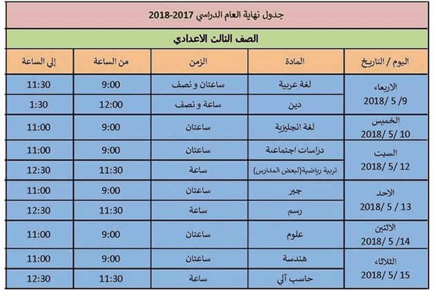 جدول امتحانات اخر العام 2018 محافظة الاسكندرية