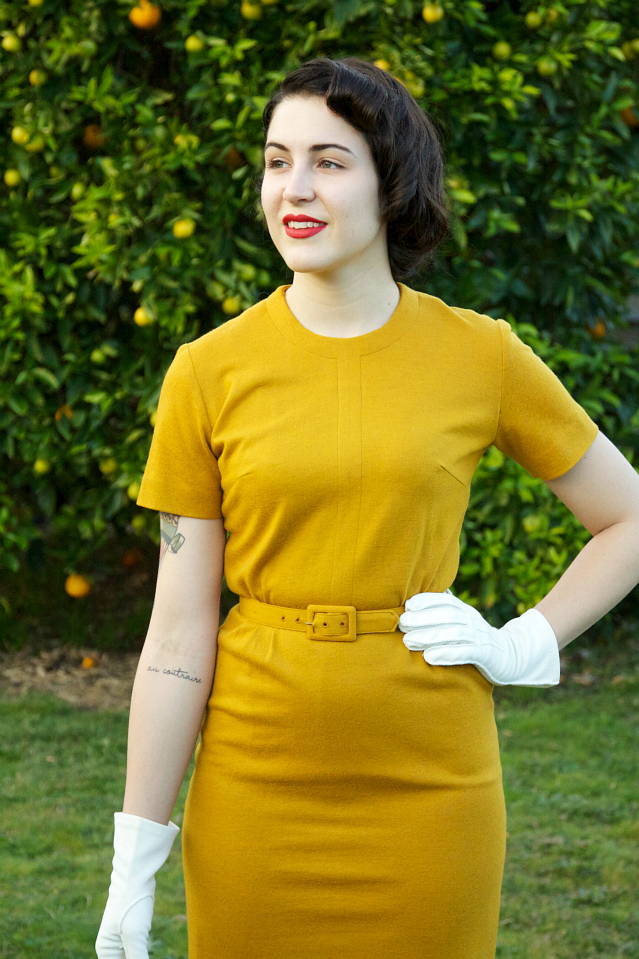 rolled fringe & 1960's mustard wiggle dress