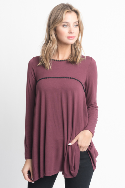 Shop for Red Brown pom pom trim long sleeve jersey tunic top on caralase.com