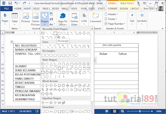 Cara membuat formulir pendaftaran di Microsoft word. 