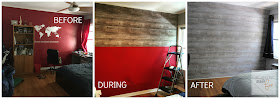 Before, during, and after hanging the wallpaper horizontally for a planked wall look :: OrganizingMadeFun.com