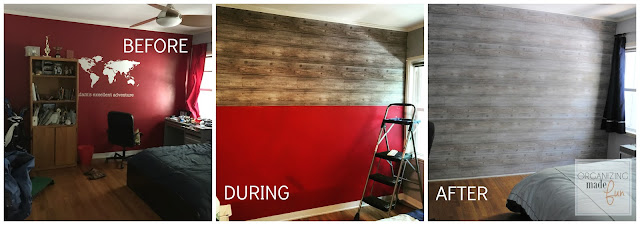 Before, during, and after hanging the wallpaper horizontally for a planked wall look :: OrganizingMadeFun.com Before, during, and after hanging the wallpaper horizontally for a planked wall look :: OrganizingMadeFun.com