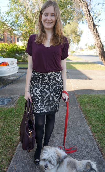 Office wear lace pencil skirt and burgundy tee