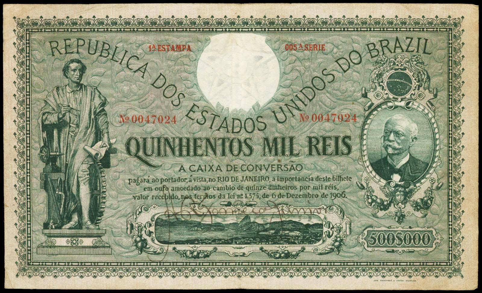 Brazil banknotes 500 Mil Reis Caixa de Conversao, Afonso Pena