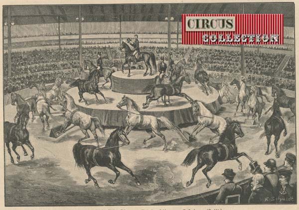 gravure de presse d'un carrousel de chevaux sur plusieurs niveaux.