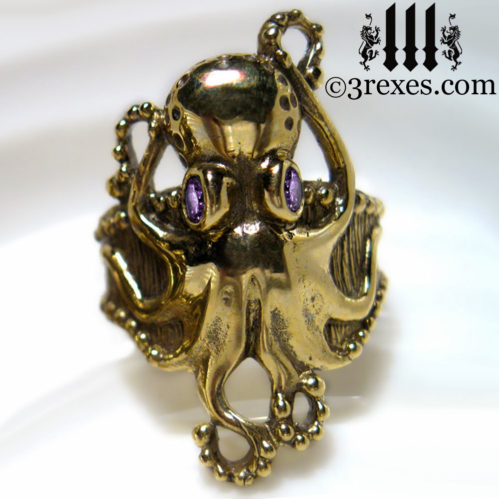 octopus ring with purple amethyst eyes
