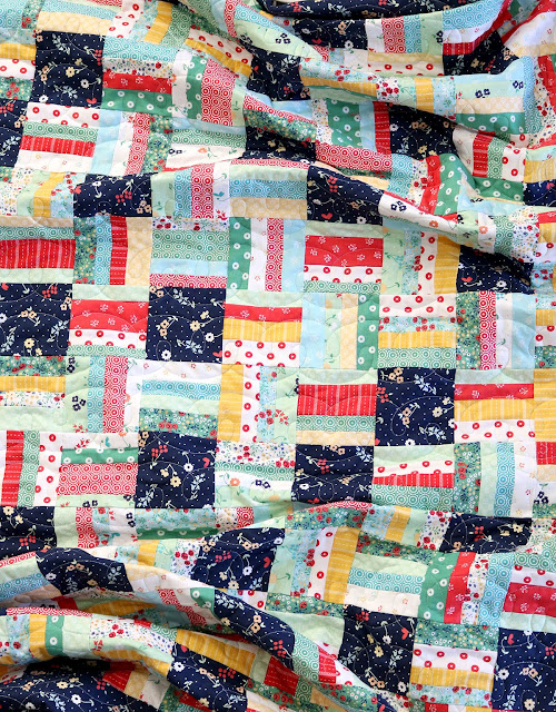 Strips and Squares quilt by Andy of A Bright Corner - pattern is from the book Perfectly Pretty Patchwork by Kristyne Czepuryk - fun scrappy quilt