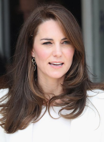 Duchess Catherine of Cambridge Kate Middleton wore ZARA Ivory One Button Blazer. J. Crew Avery Heels. Mirabelle Lolita earrings