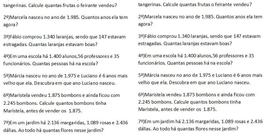 Atividade de matemática - as Quatro Operações Básicas - 4º ano – 5° ano -  Com gabarito