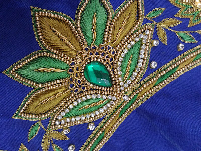 Indian Traditional Handloom Sarees: Maggam Work Blouse with Glod beads