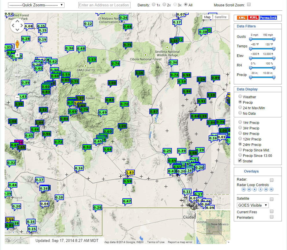 SE NM Rainfall Totals From T.S. Odile. Wednesday, Sept 17, 2014.