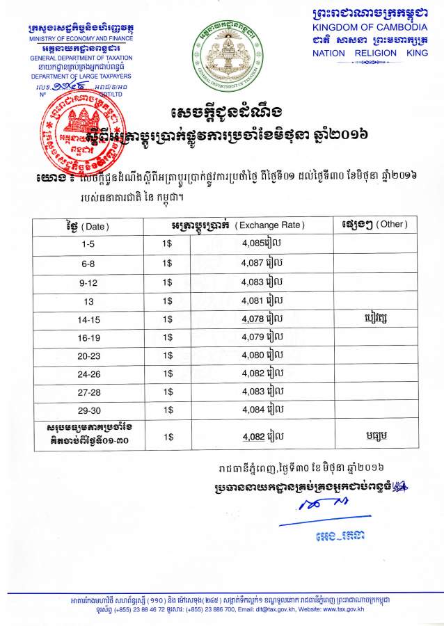 Exchange Rate for Tax Calculation អត្រាប្តូរប្រាក់ប្រកាសពន្ ( បៀវត្ស
