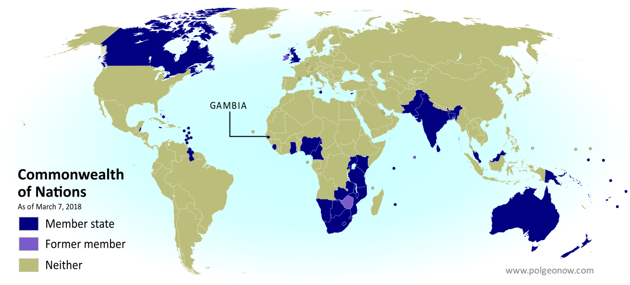 Map of the Gambia in the Commonwealth of Nations (British Commonwealth) as of 2018, color coded for former and current member countries (colorblind accessible).