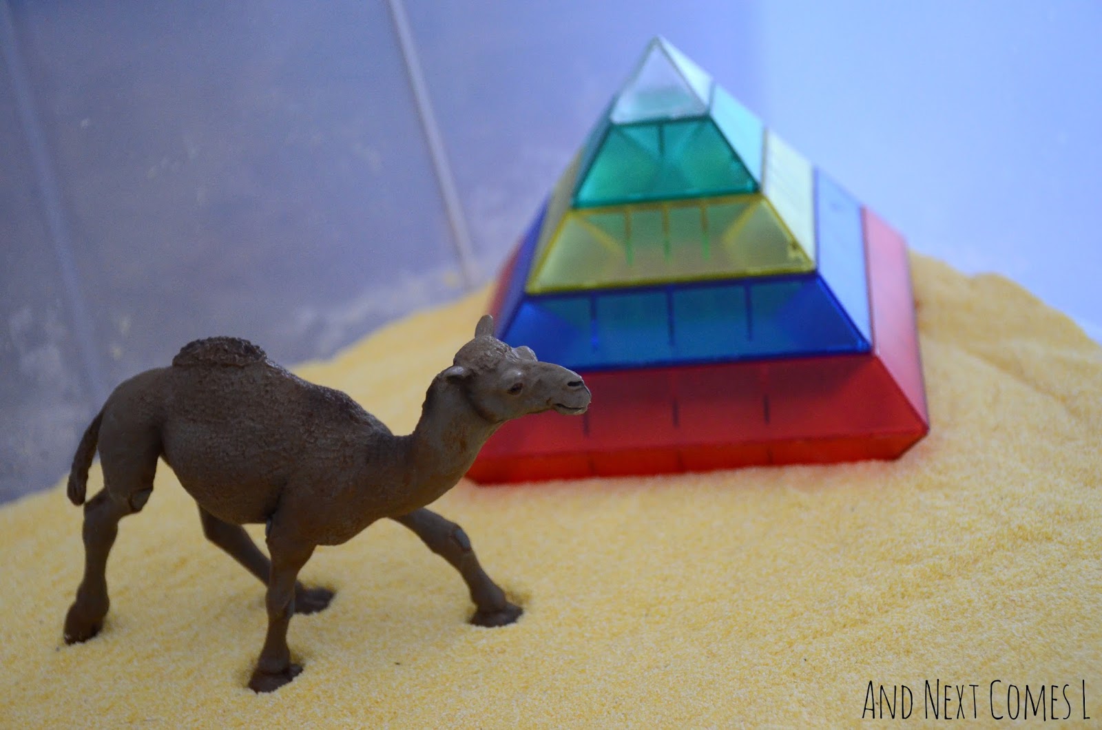 Camel and colorful pyramid in an Egyptian desert sensory bin from And Next Comes L
