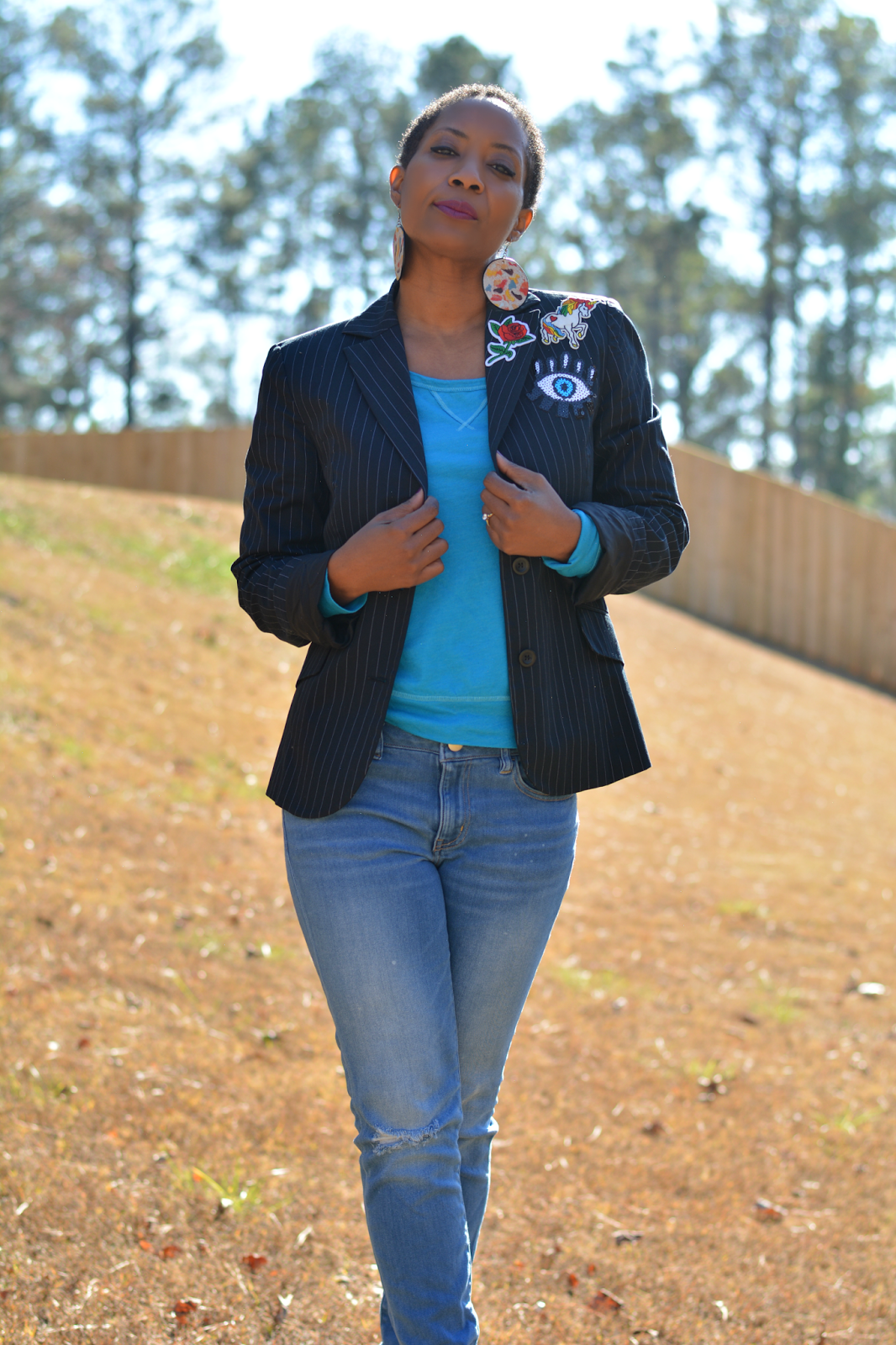 sweatshirt blazer and jeans outfit