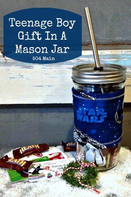This gift in a mason jar has a dual function: It is a drinking glass after he opens the gift!