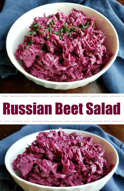 Russian Style Beet Salad is the perfect combination of creamy and crunchy, savory and sweet. You just have to try it! Russian Style Beet Salad is the perfect combination of creamy and crunchy, savory and sweet. You just have to try it!