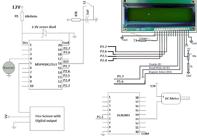 circuit diagram for the Automatic fire detection system with water sprinkler system using msp430 circuit diagram for the Automatic fire detection system with water sprinkler system using msp430