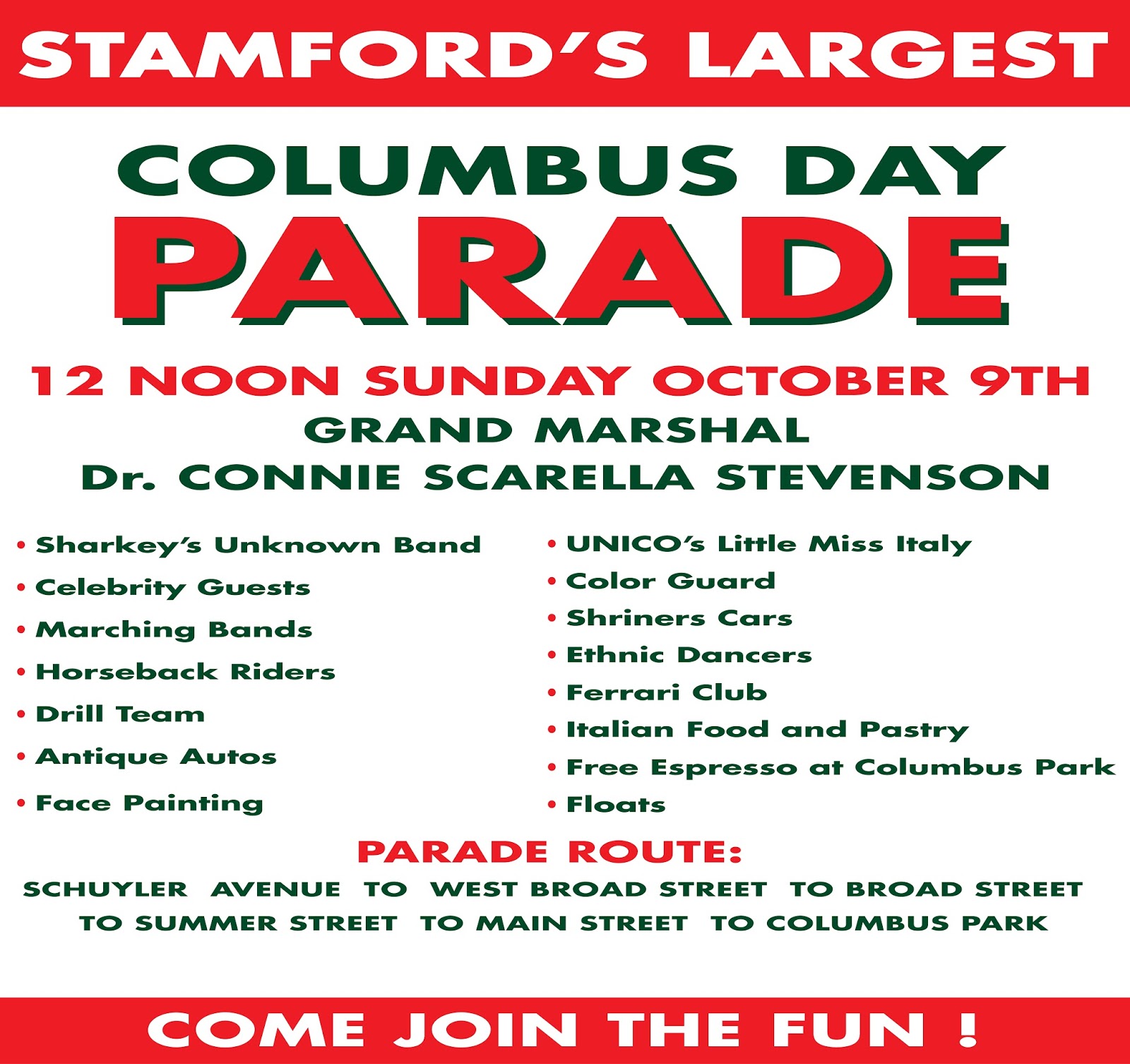 Stamford Downtown Events Columbus Day Parade Oct 9, Noon