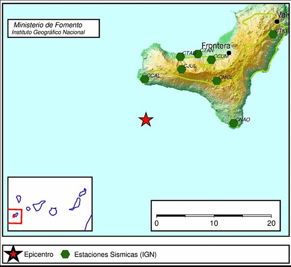 Lugar del epicentro del terremoto de esta madrugada del martes 13 de marzo en El Pinar, El Hierro