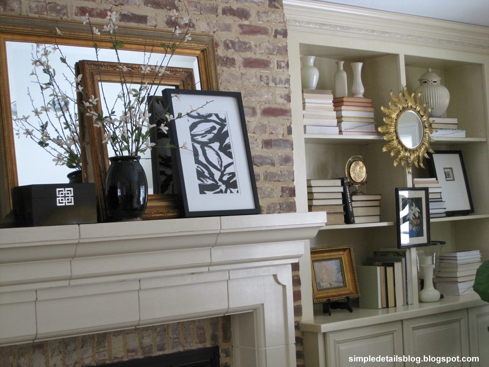 Simple Details our spring mantel and bookcases...