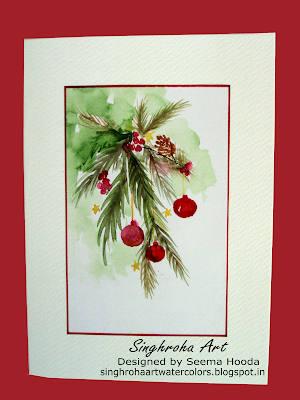 cardmaking, challenge, Christmas, christmasdecorations, christmascards, greetingcards, handmade, singhroha, watercolorcard,pineleaves