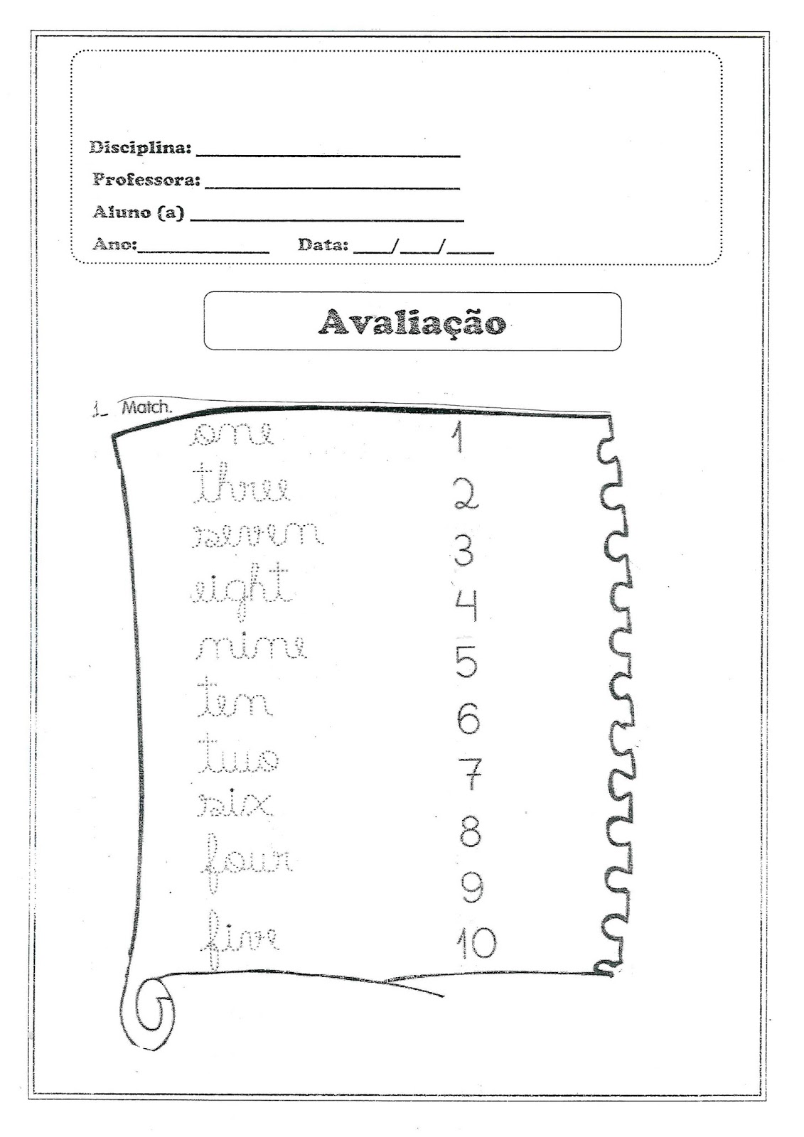 Avaliação de Inglês 1º ano envolvendo numerais e as cores