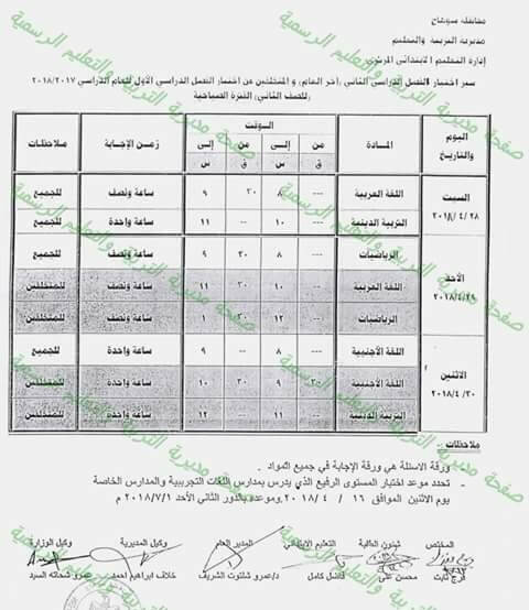 جدول امتحانات الصف الثاني الابتدائي 2018 الترم الثاني محافظة سوهاج