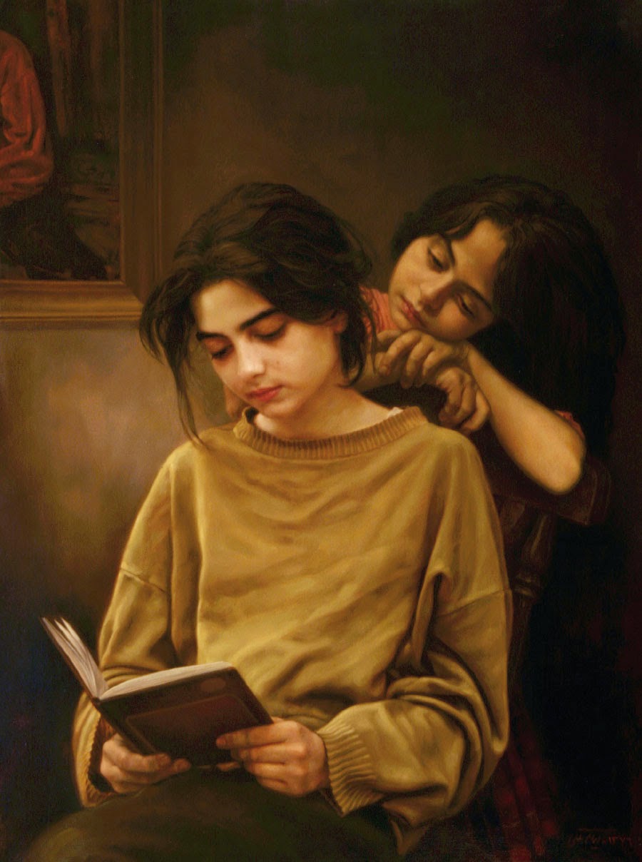Irmãs com Livro - Iman Maleki e suas pinturas realistas ~ Pintor iraniano