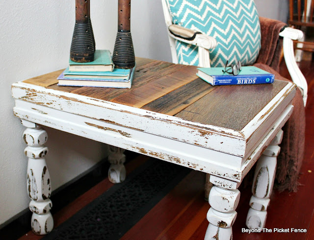 shabby, rustic, end table, barnwood, chippy, upcycled, end table, http://bec4-beyondthepicketfence.blogspot.com/2016/03/shabby-rustic-table.html