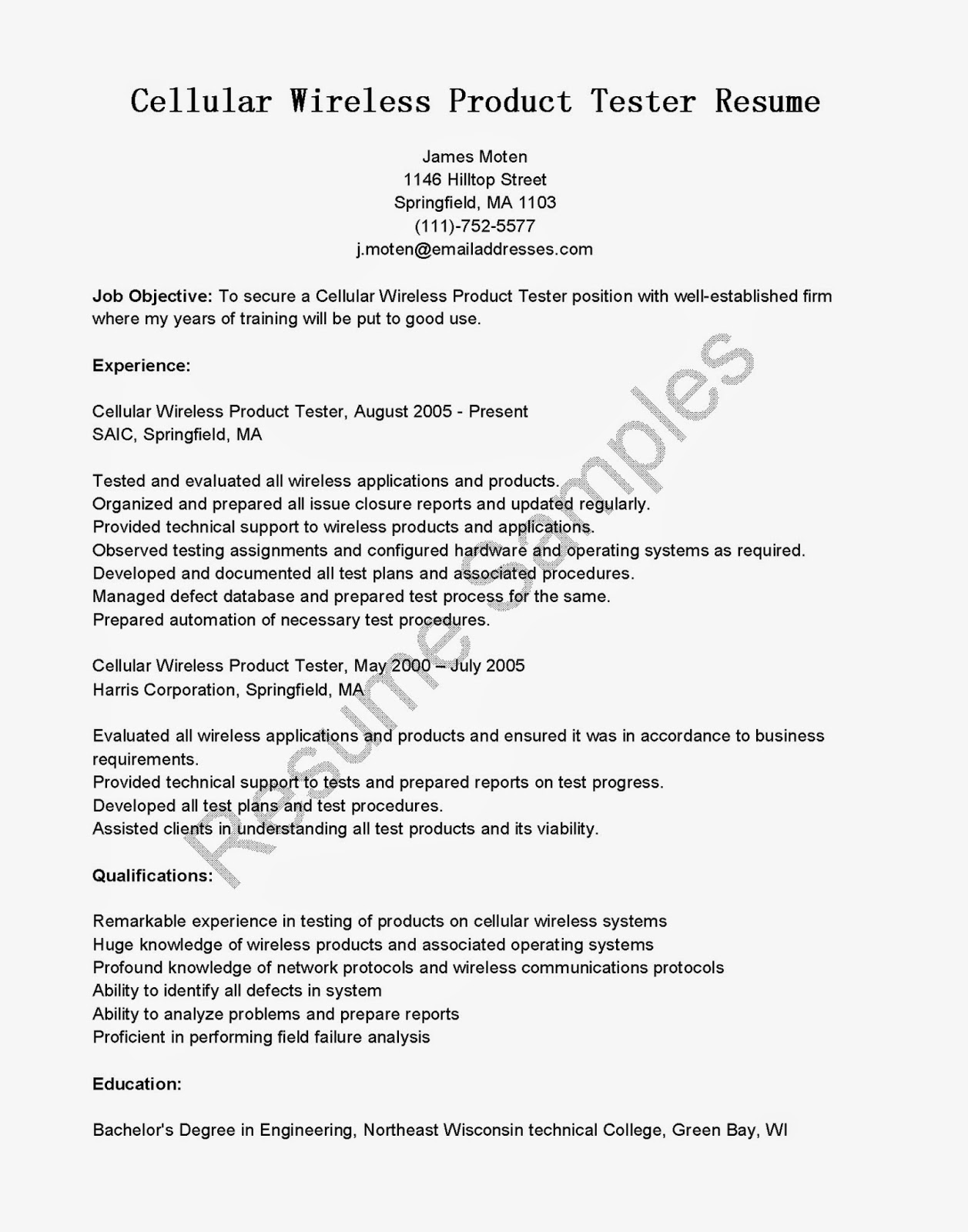 Resume Samples Cellular Wireless Product Tester Resume
