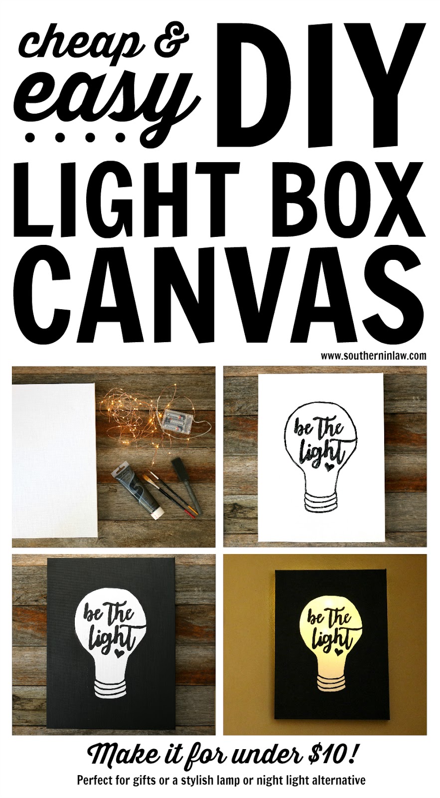 Cheap Easy DIY Light Box Canvas Art Project Ideas - under $10, weekend projects, craft, how to make, budget friendly, painting, LED fairy lights, kids bedroom, night light, custom lamp, unique quote wall decor
