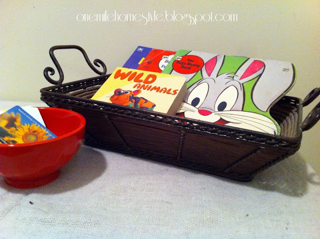 Basket for library books and bowl for library cards