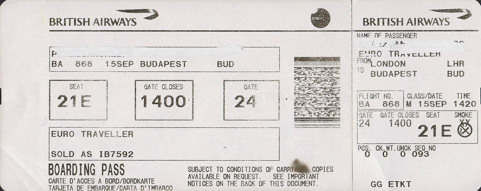 The traveler's drawer BRITISH AIRWAYS. Boarding pass for the flight BA