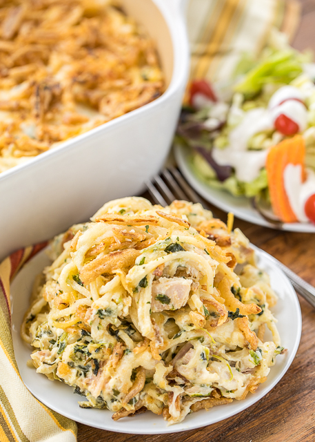 Monterey Chicken Spaghetti Casserole - my whole family went crazy over this easy chicken casserole!! Even our super picky eaters! Chicken, spaghetti, sour cream, cream of chicken, spinach, Monterey Jack Cheese, and french fried onions. Makes a great freezer meal! This is the most requested dinner in our house. #casserole #chickendinner #chickencasserole Monterey Chicken Spaghetti Casserole - my whole family went crazy over this easy chicken casserole!! Even our super picky eaters! Chicken, spaghetti, sour cream, cream of chicken, spinach, Monterey Jack Cheese, and french fried onions. Makes a great freezer meal! This is the most requested dinner in our house. #casserole #chickendinner #chickencasserole