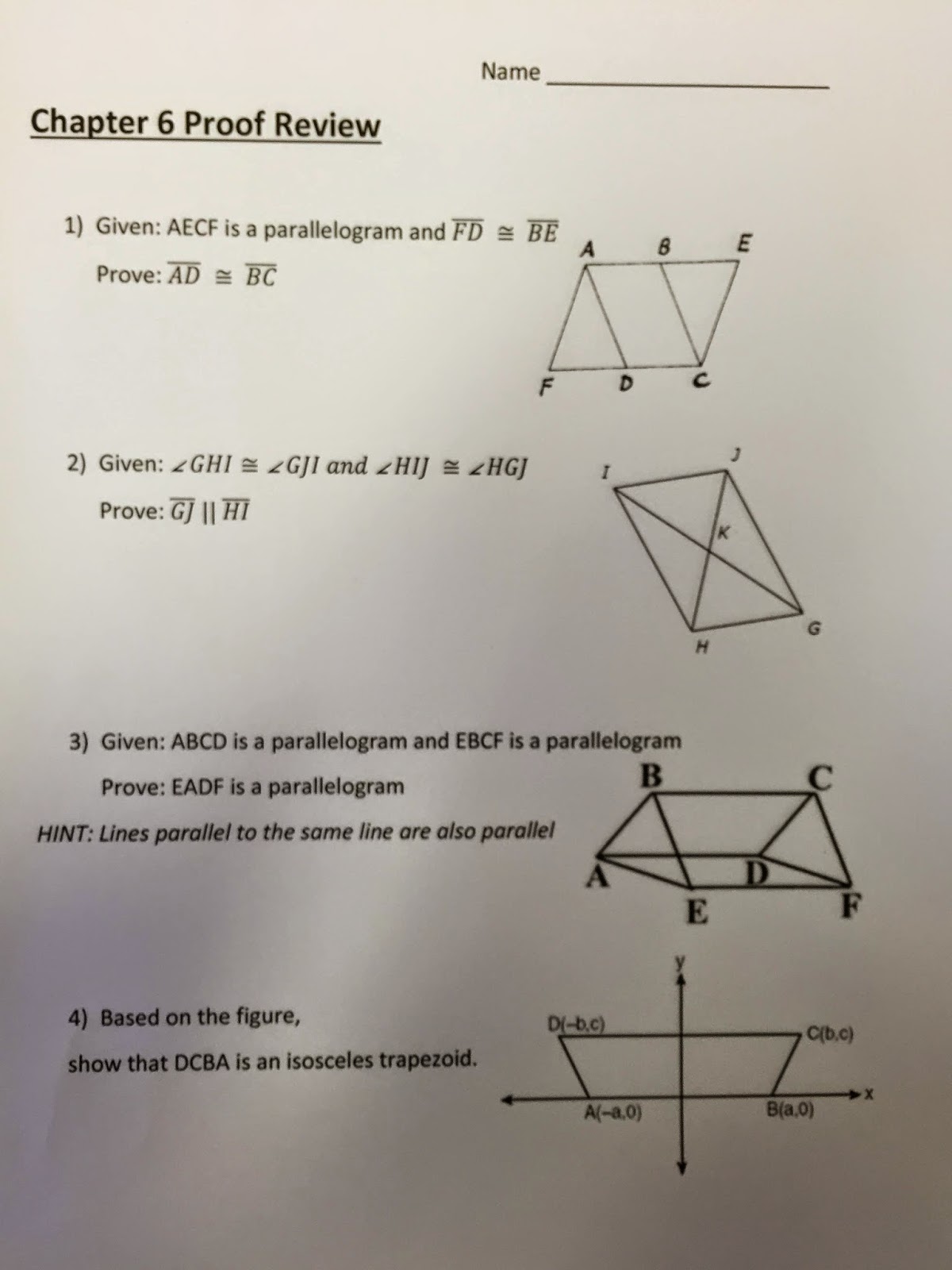 Honors Geometry Vintage High School Chapter 6 Proof Review