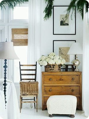 How can a room be cozy, elegant, romantic, and sophisticated all at once? This European country vignette with hydrangea, a country chest, and a French basket pulls at the heartstrings! #frenchcountry #whitedecor #hydrange